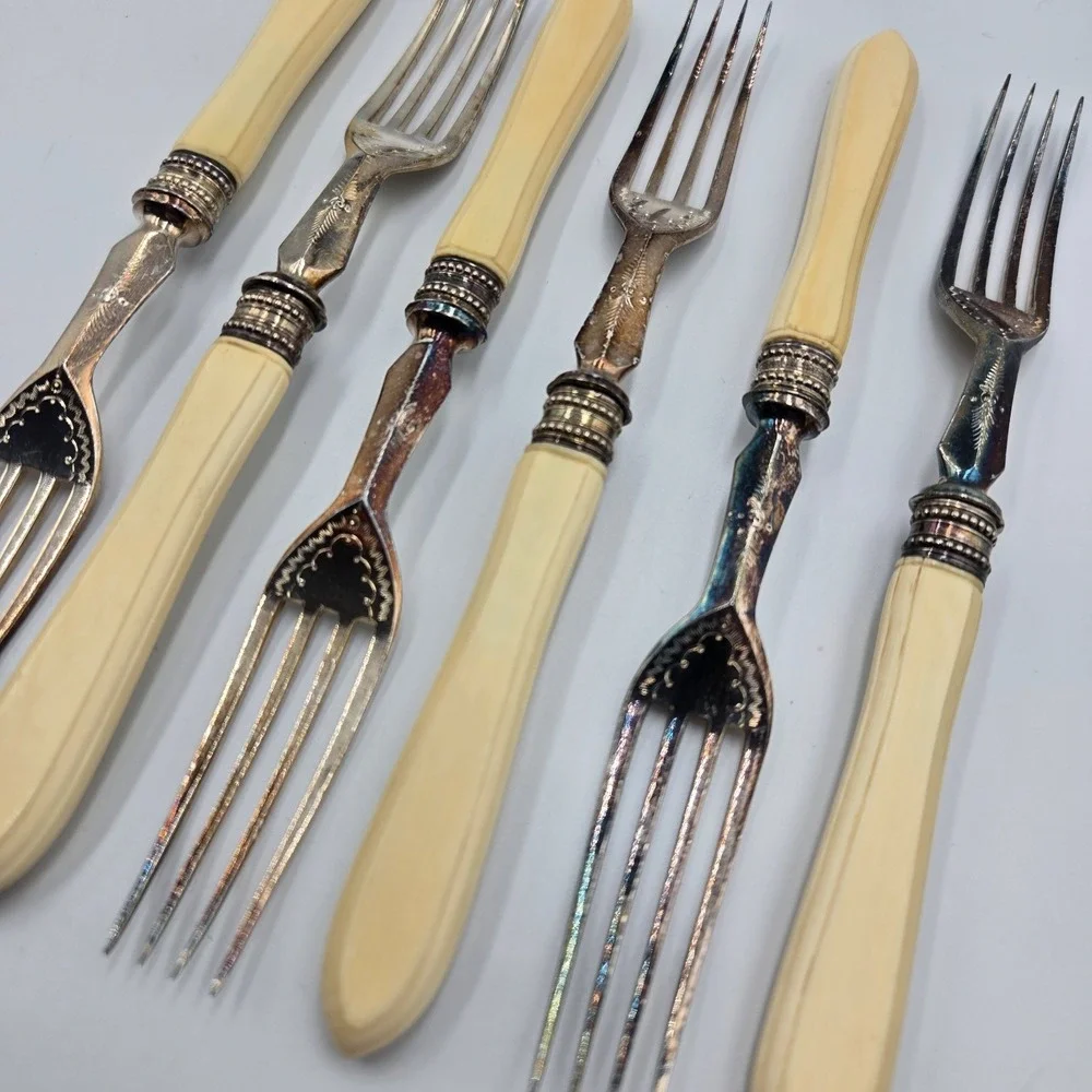 Vintage Dinner Fish Fork Set‎ EPNS Ornate Design 6 Pc Rare Set Celluloid